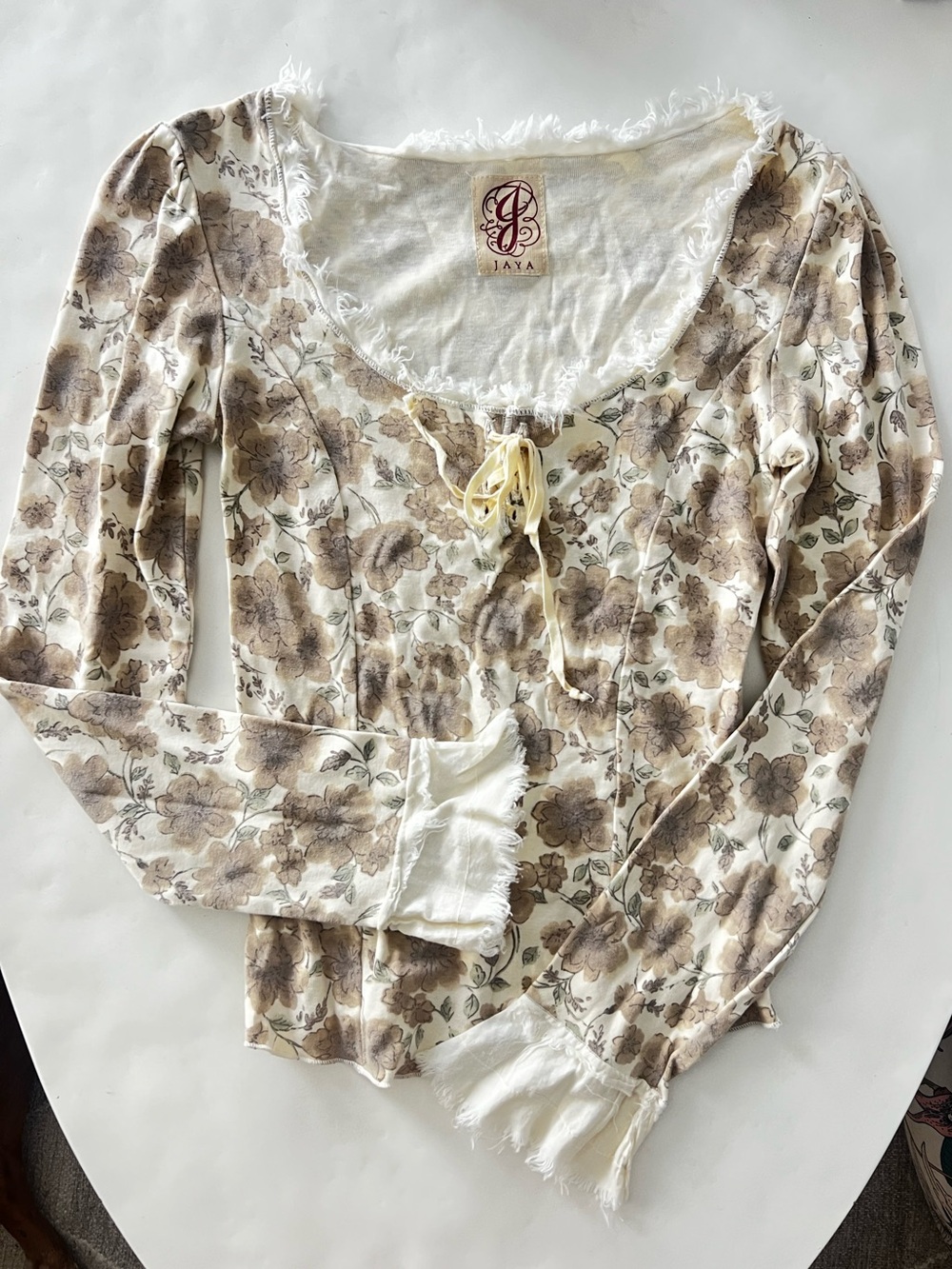 Jaya Vintage VTG Cotton Floral Cream Cottagecore Prairie 90s Lace Up Bell Top S